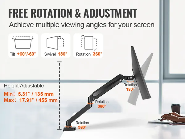 VEVOR monitor mount: adjustable height up to 17.91", 360° rotation, tilt +60°/-60°, and 180° swivel.