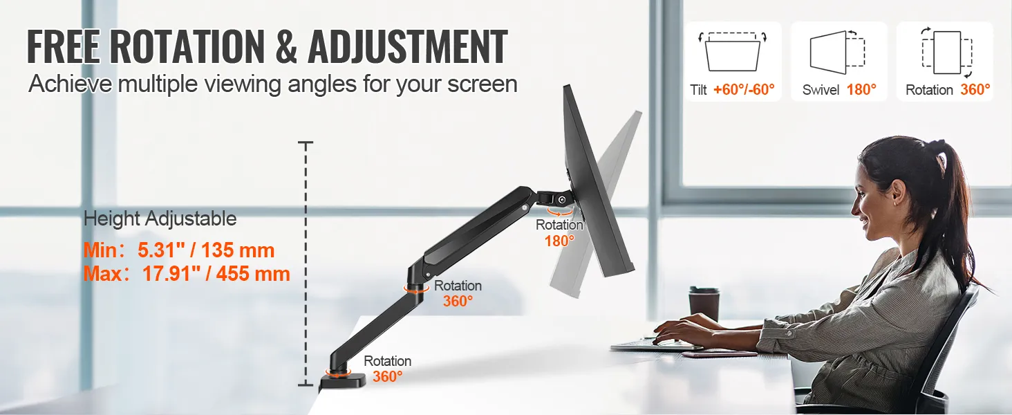 VEVOR monitor mount: adjustable height up to 17.91", 360° rotation, tilt +60°/-60°, and 180° swivel.