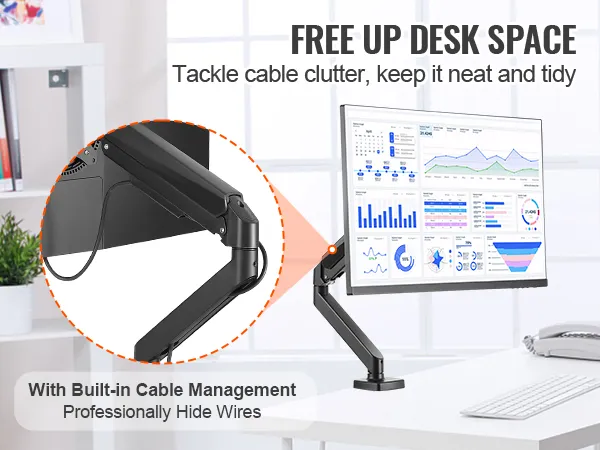 VEVOR monitor mount with built-in cable management on a tidy white desk in a modern office setting.
