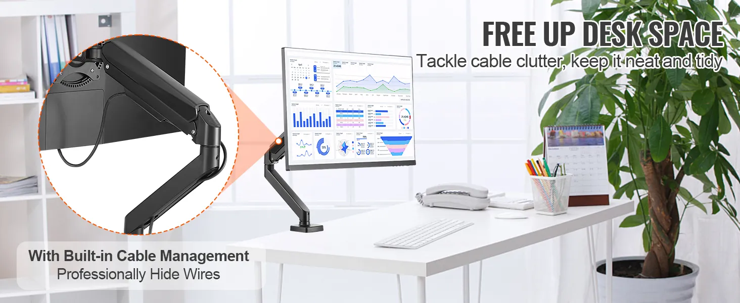 VEVOR monitor mount with built-in cable management on a tidy white desk in a modern office setting.