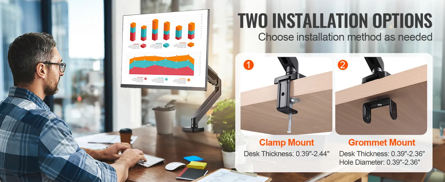 VEVOR monitor mount with two installation options: clamp mount and grommet mount for versatile setup.