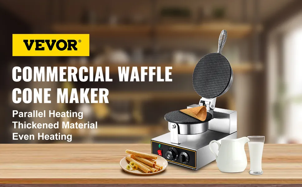VEVOR electric ice cream cone maker on a kitchen counter with batter and milk.