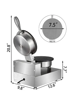 VEVOR electric ice cream cone maker with dimensions and 7.5" waffle plate.
