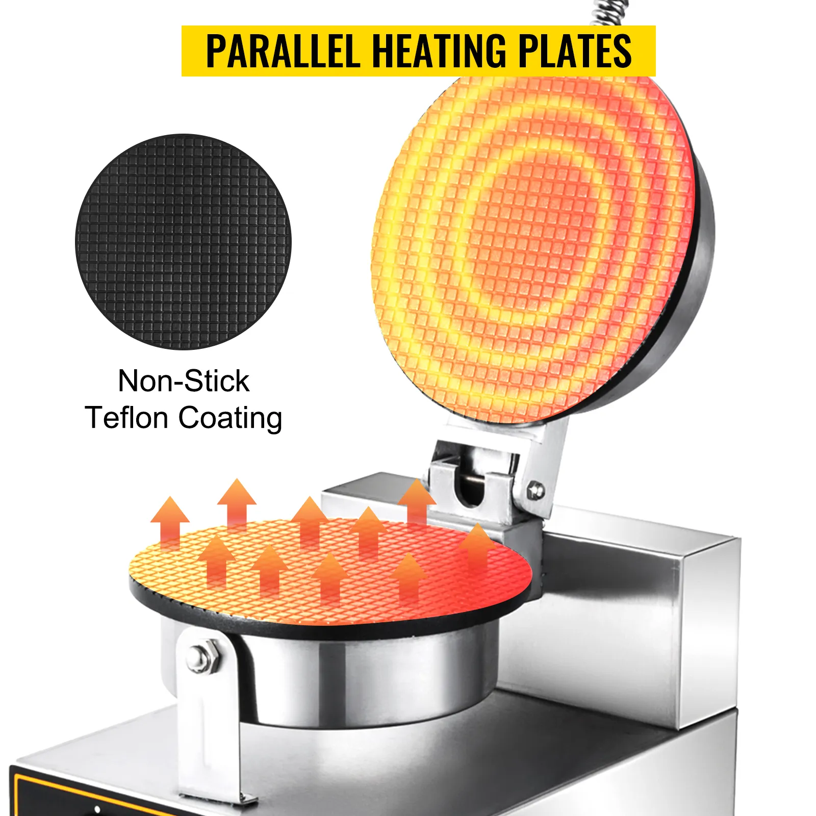 VEVOR electric ice cream cone maker with non-stick teflon coating and parallel heating plates.