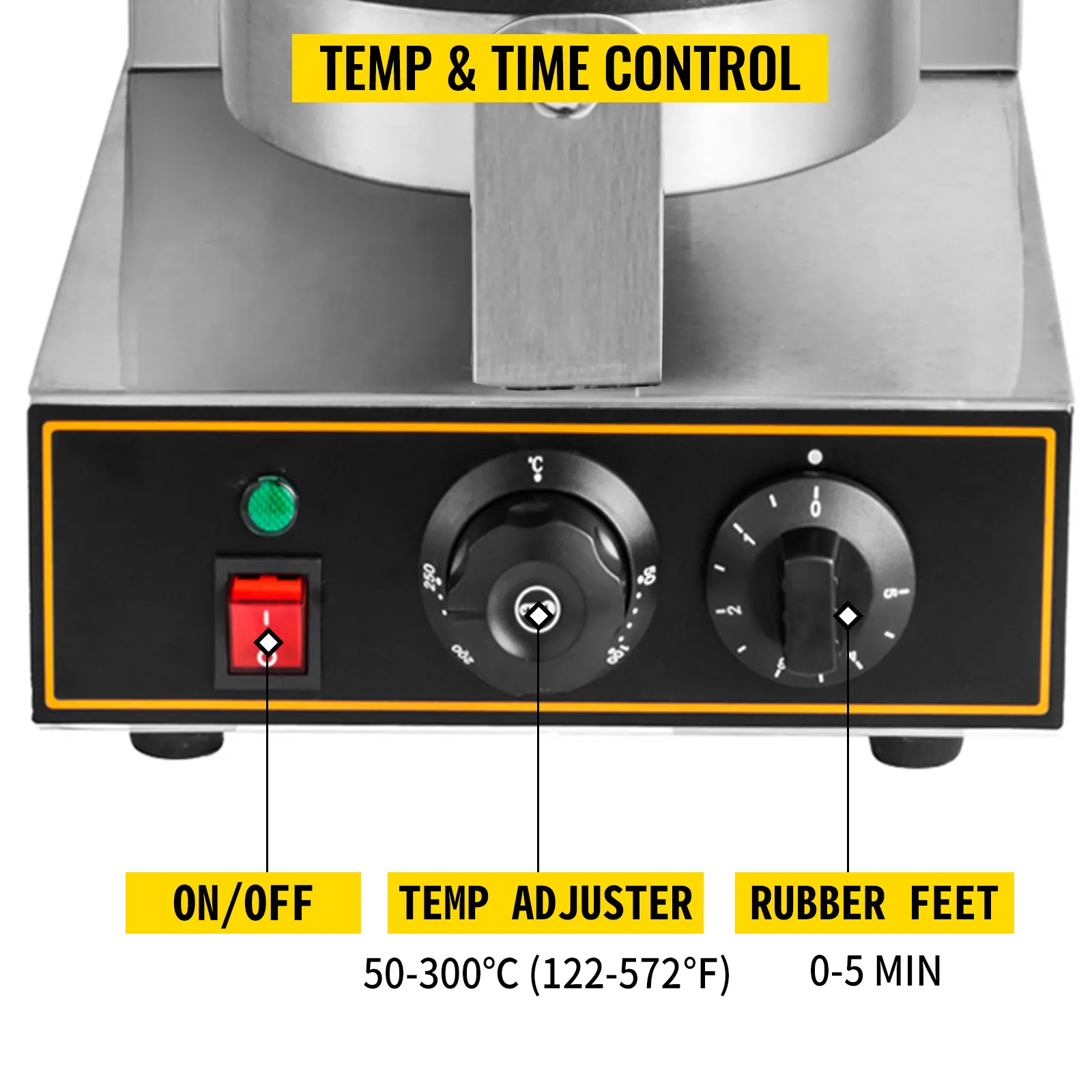VEVOR electric ice cream cone maker with temp and time control knobs.