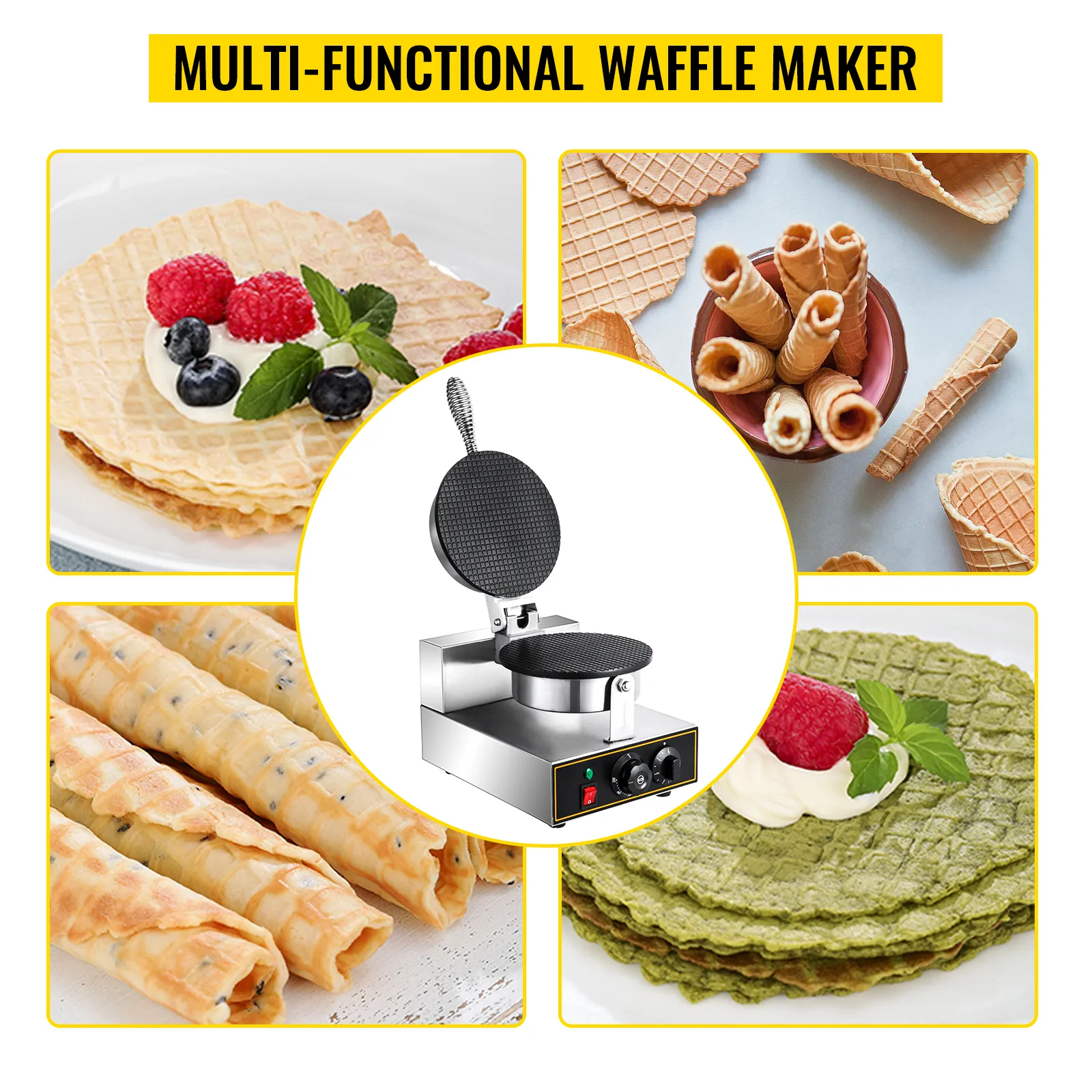 VEVOR electric ice cream cone maker with various waffle and cone creations.