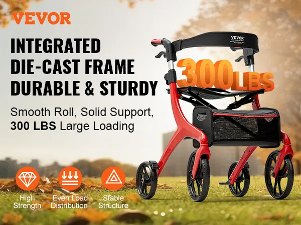 VEVOR rollator walker with integrated die-cast frame, supports 300 lbs, shown in a park with autumn leaves.