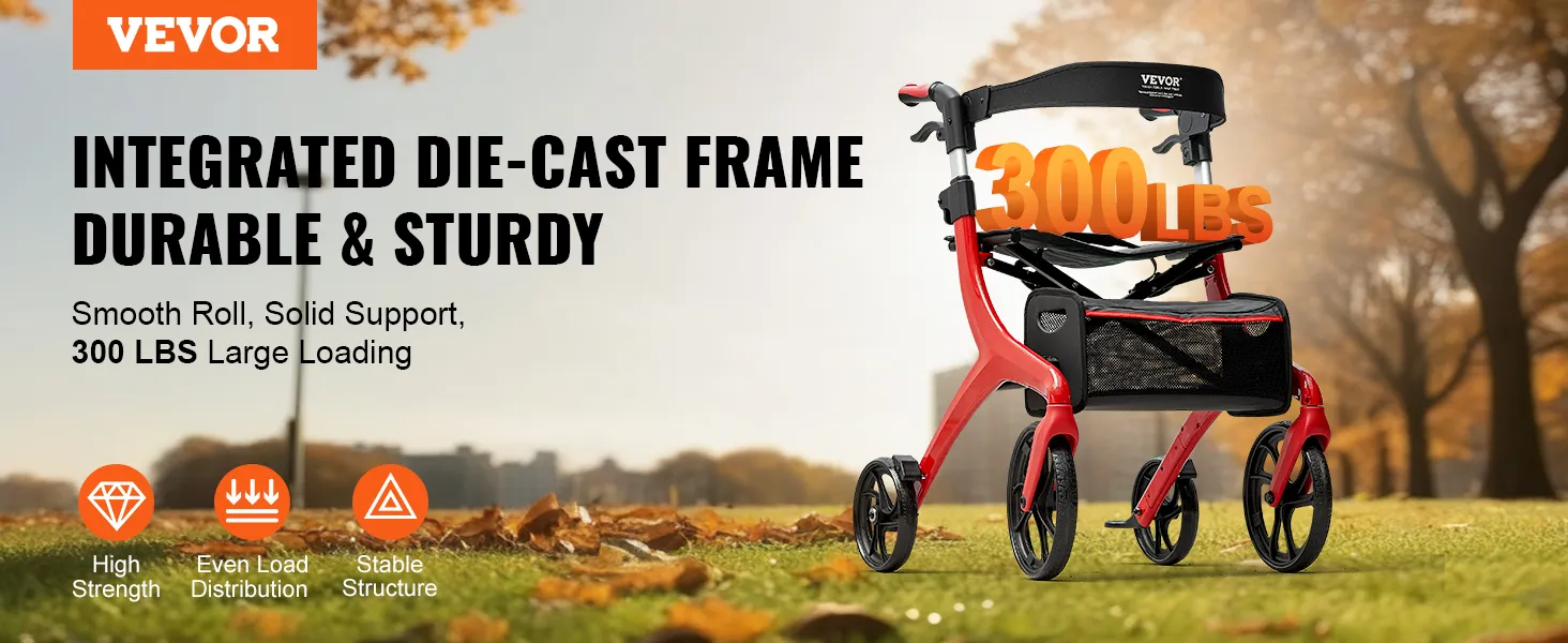VEVOR rollator walker with integrated die-cast frame, supports 300 lbs, shown in a park with autumn leaves.