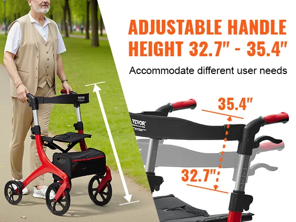 VEVOR rollator walker with adjustable handle height 32.7"-35.4" for varying user needs.