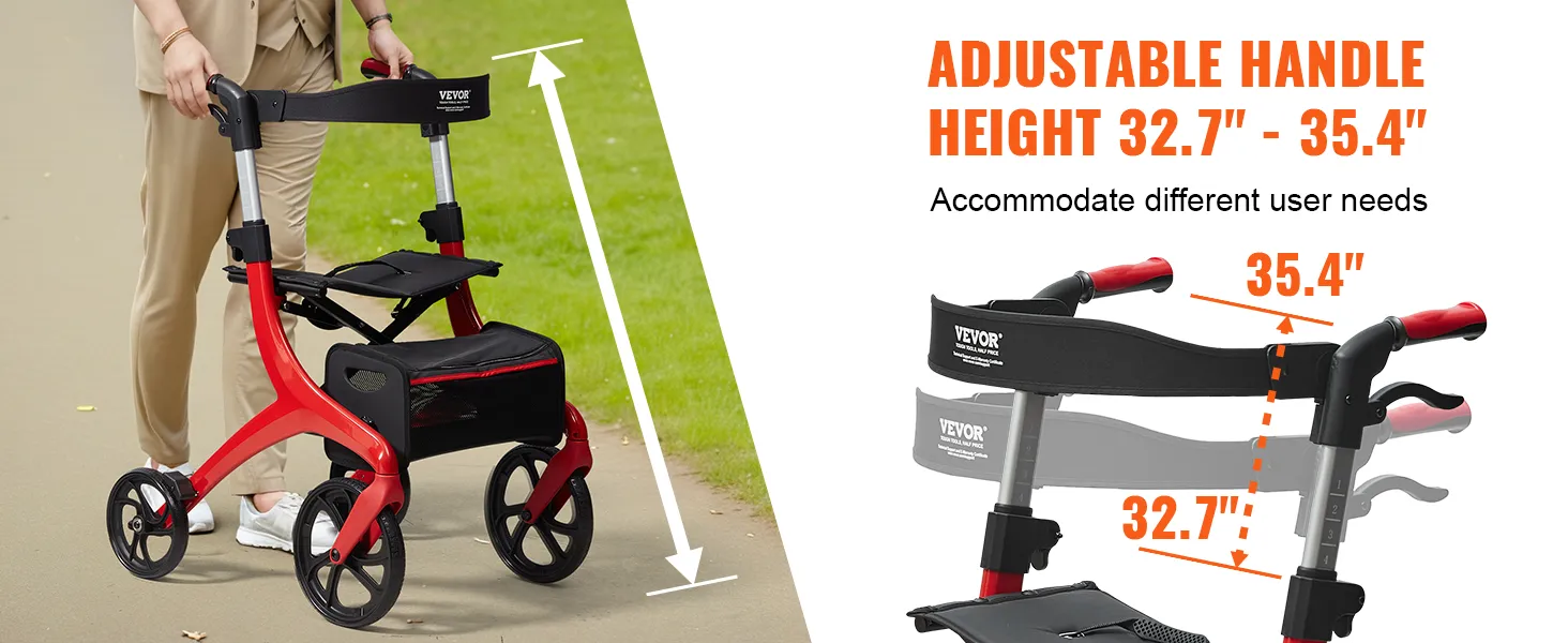 VEVOR rollator walker with adjustable handle height 32.7"-35.4" for varying user needs.