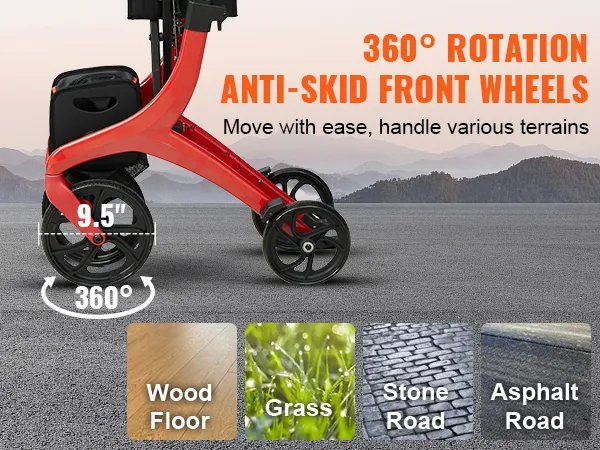 VEVOR rollator walker with 360° rotation anti-skid wheels, ideal for wood floors, grass, stone road, asphalt road.