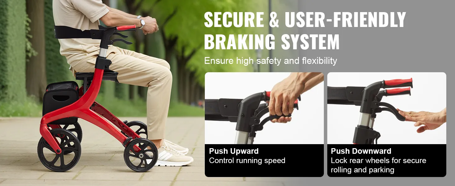 VEVOR rollator walker with secure braking system and hand controls for speed and wheel locking.