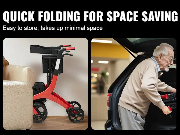 VEVOR rollator walker, easy to store for space saving, fits compactly in car trunk and next to furniture.