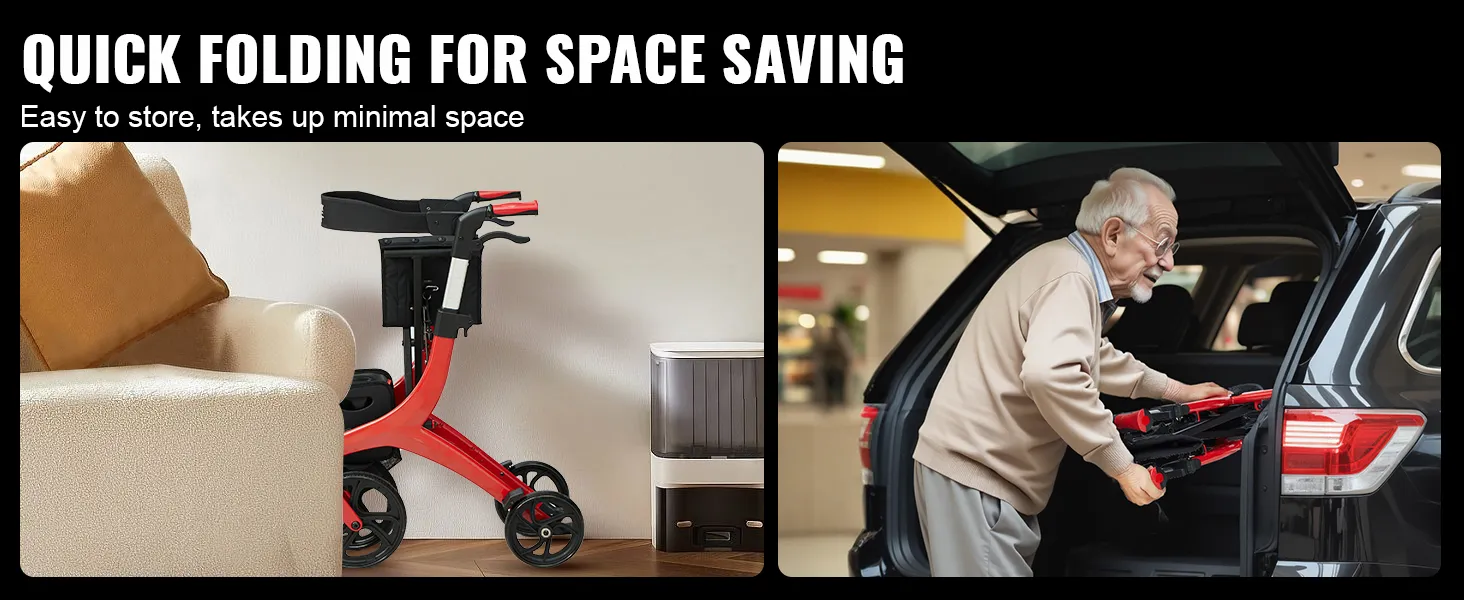 VEVOR rollator walker, easy to store for space saving, fits compactly in car trunk and next to furniture.