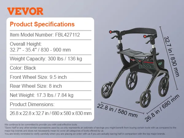 VEVOR folding rollator walker with height adjustable 32.7" - 35.4", black color, and 300 lb weight capacity.