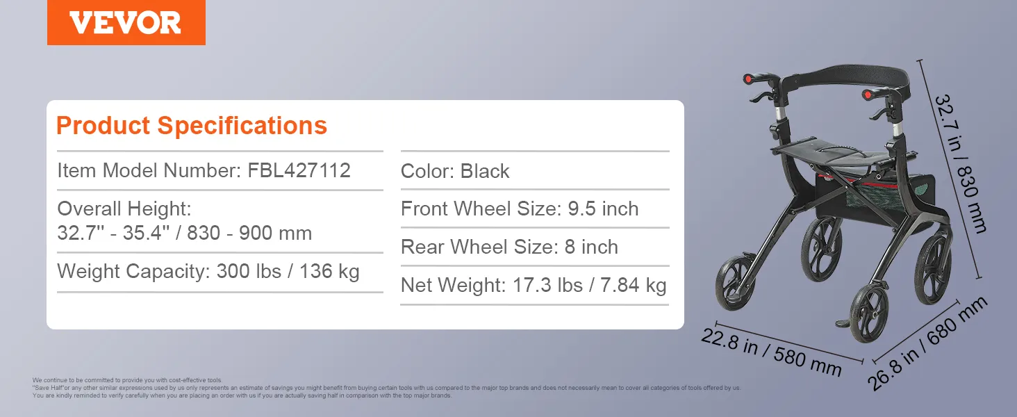 VEVOR folding rollator walker with height adjustable 32.7" - 35.4", black color, and 300 lb weight capacity.