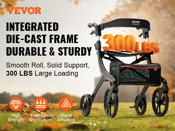 VEVOR folding rollator walker, sturdy integrated frame, smooth roll, supports up to 300 lbs.