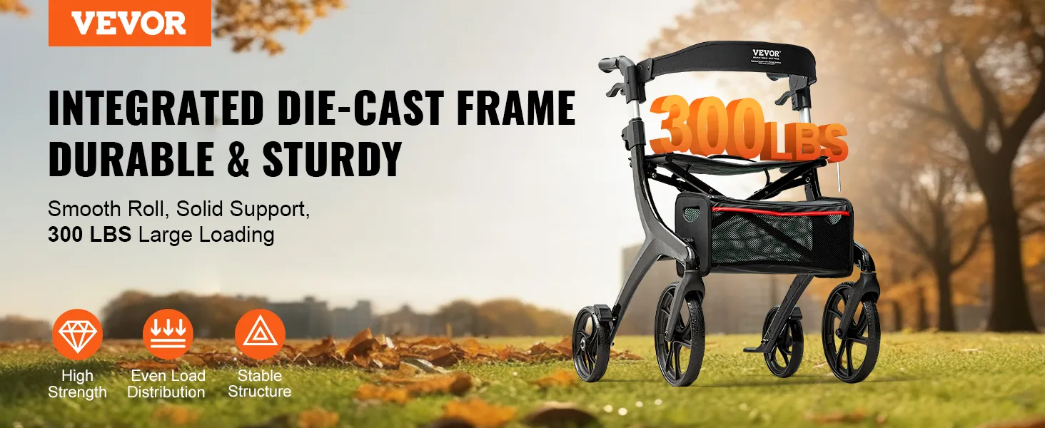 VEVOR folding rollator walker, sturdy integrated frame, smooth roll, supports up to 300 lbs.