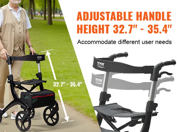VEVOR folding rollator walker with adjustable handle height from 32.7" to 35.4" for varied user needs.