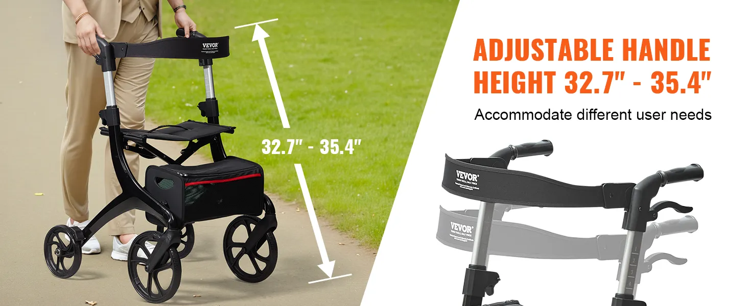 VEVOR folding rollator walker with adjustable handle height from 32.7" to 35.4" for varied user needs.