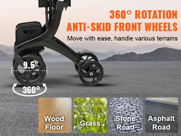 VEVOR folding rollator walker with 360° anti-skid front wheels for wood floors, grass, stone roads, and asphalt roads.