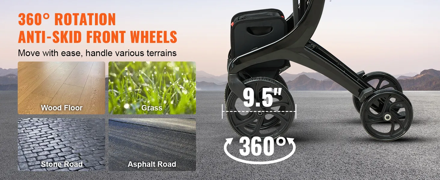 VEVOR folding rollator walker with 360° anti-skid front wheels for wood floors, grass, stone roads, and asphalt roads.