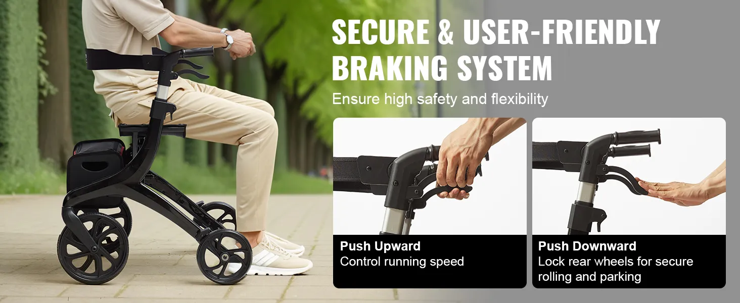VEVOR folding rollator walker with secure braking system, ensuring safety and flexibility on park path.