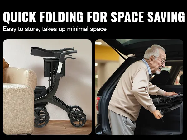 VEVOR folding rollator walker: quick folding for space saving, easy to store, takes up minimal space.