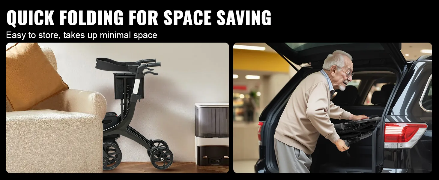 VEVOR folding rollator walker: quick folding for space saving, easy to store, takes up minimal space.