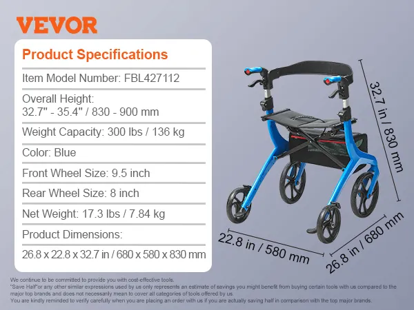 VEVOR rollator walker details with blue frame, model fbl427112. height: 32.7"-35.4". weight capacity: 300 lbs.
