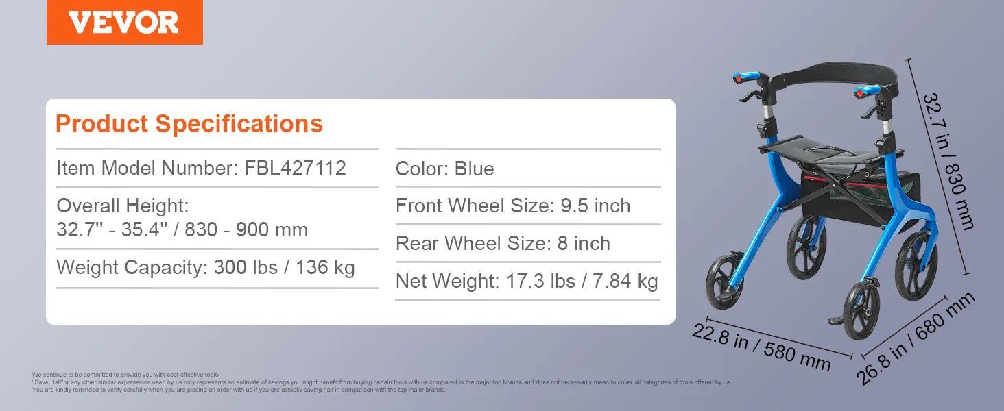VEVOR rollator walker details with blue frame, model fbl427112. height: 32.7"-35.4". weight capacity: 300 lbs.