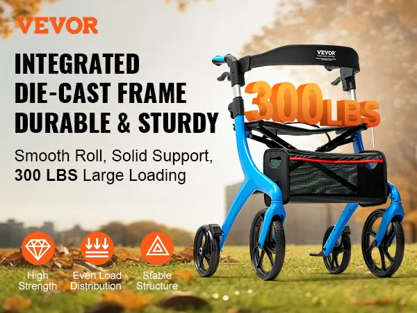 VEVOR rollator walker with integrated die-cast frame supports 300 lbs, durable and sturdy in a park.
