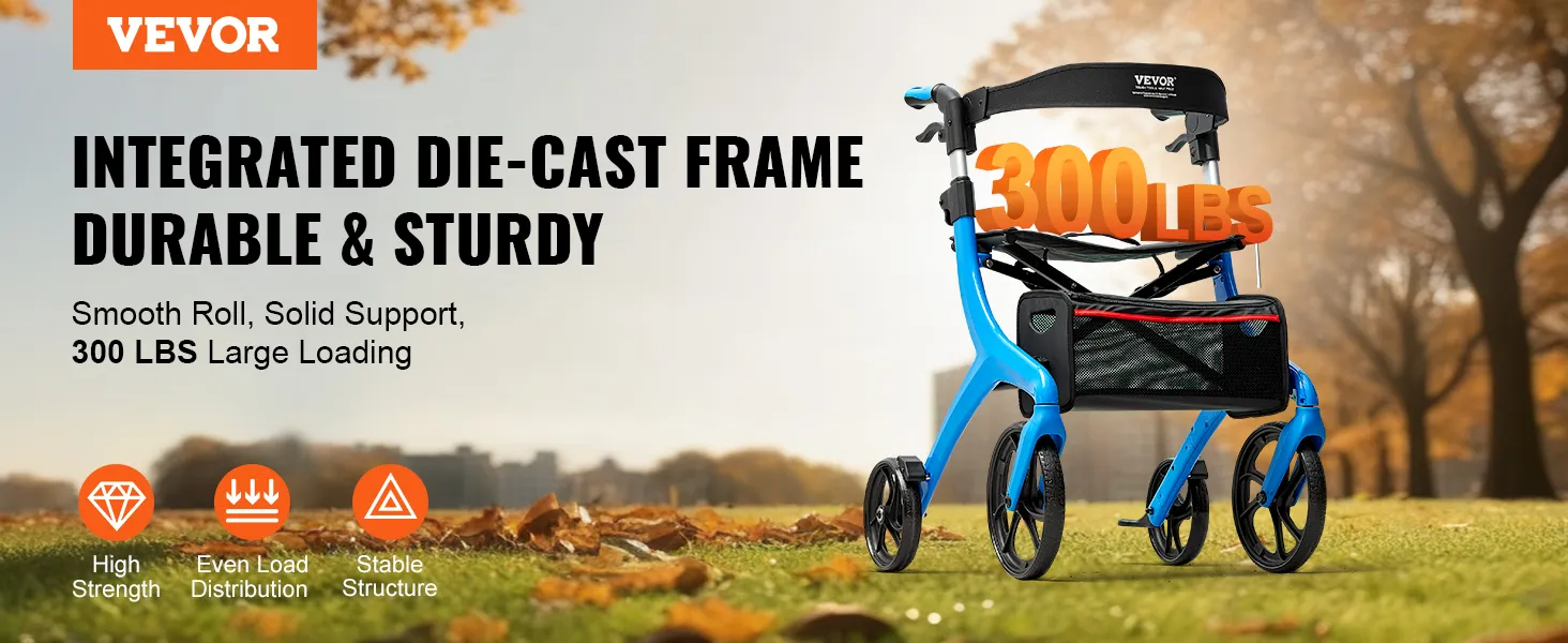 VEVOR rollator walker with integrated die-cast frame supports 300 lbs, durable and sturdy in a park.