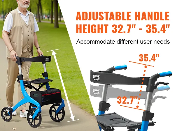 VEVOR rollator walker with adjustable handle height of 32.7" to 35.4", accommodating different user needs.
