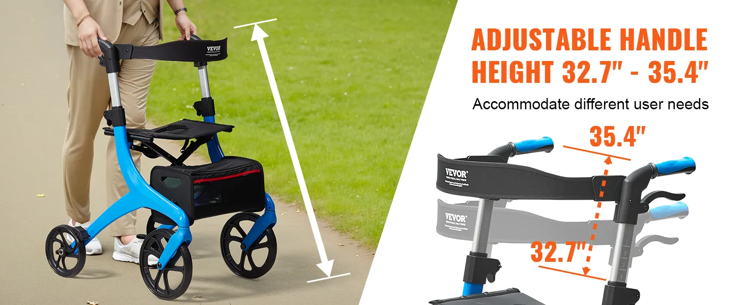 VEVOR rollator walker with adjustable handle height of 32.7" to 35.4", accommodating different user needs.