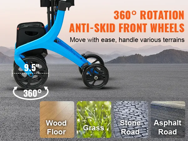 VEVOR rollator walker with 9.5" anti-skid wheels for wood, grass, stone, and asphalt terrains.
