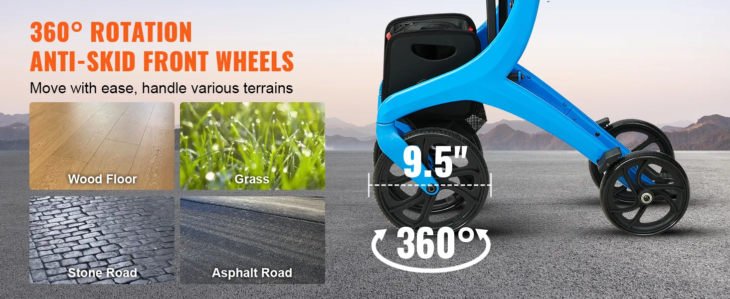 VEVOR rollator walker with 9.5" anti-skid wheels for wood, grass, stone, and asphalt terrains.