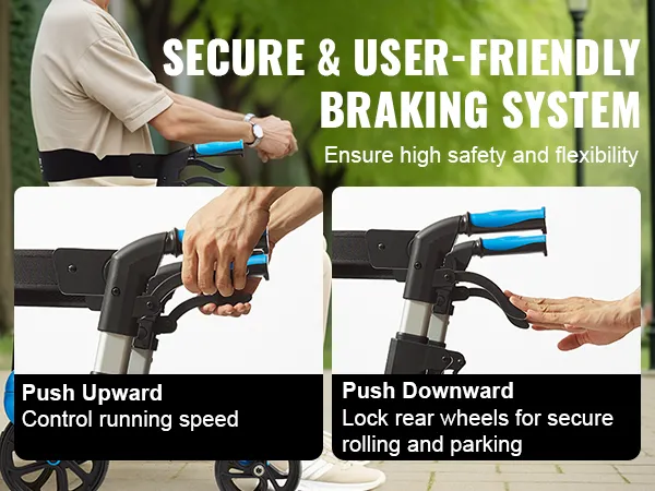 VEVOR rollator walker with secure braking system, ensuring high safety and flexibility.