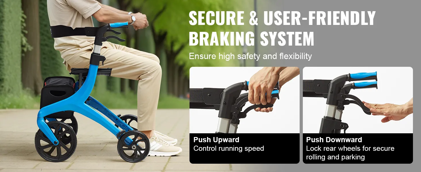 VEVOR rollator walker with secure braking system, ensuring high safety and flexibility.