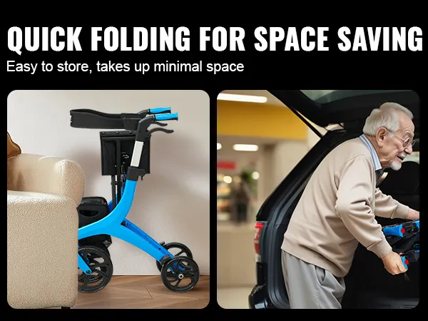 VEVOR rollator walker folded for storage next to a chair and easily loaded into a car trunk.