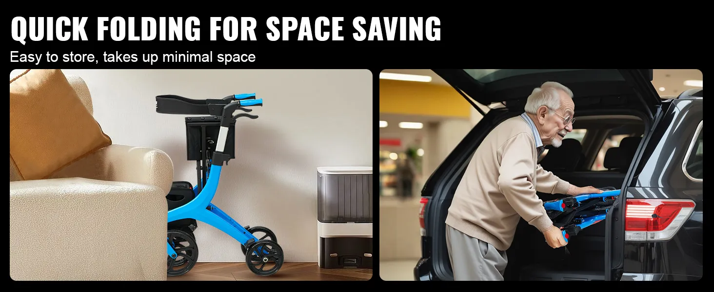 VEVOR rollator walker folded for storage next to a chair and easily loaded into a car trunk.