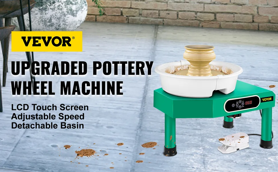 Torno de cerámica VEVOR con velocidad ajustable, pantalla táctil LCD y lavabo desmontable.