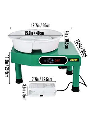 Torno de cerámica VEVOR verde con dimensiones y pedal, perfecto para la elaboración de cerámica.