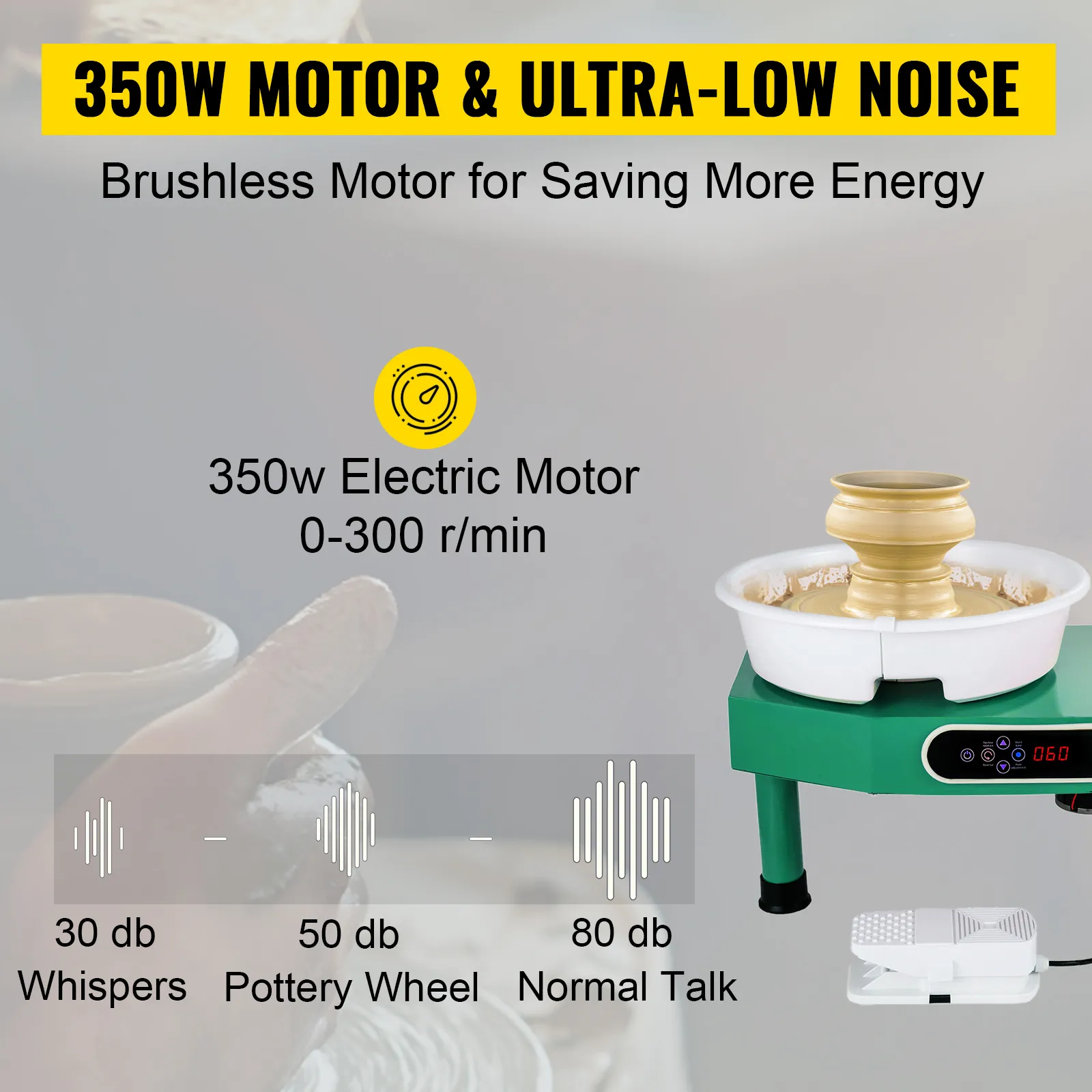 Rueda de cerámica VEVOR con motor de 350 W, ruido ultrabajo y motor de ahorro de energía sin escobillas.