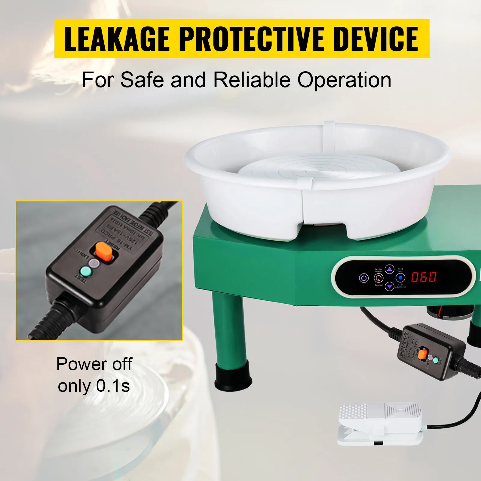 Torno de cerámica VEVOR con dispositivo de protección contra fugas y pantalla digital para un funcionamiento seguro