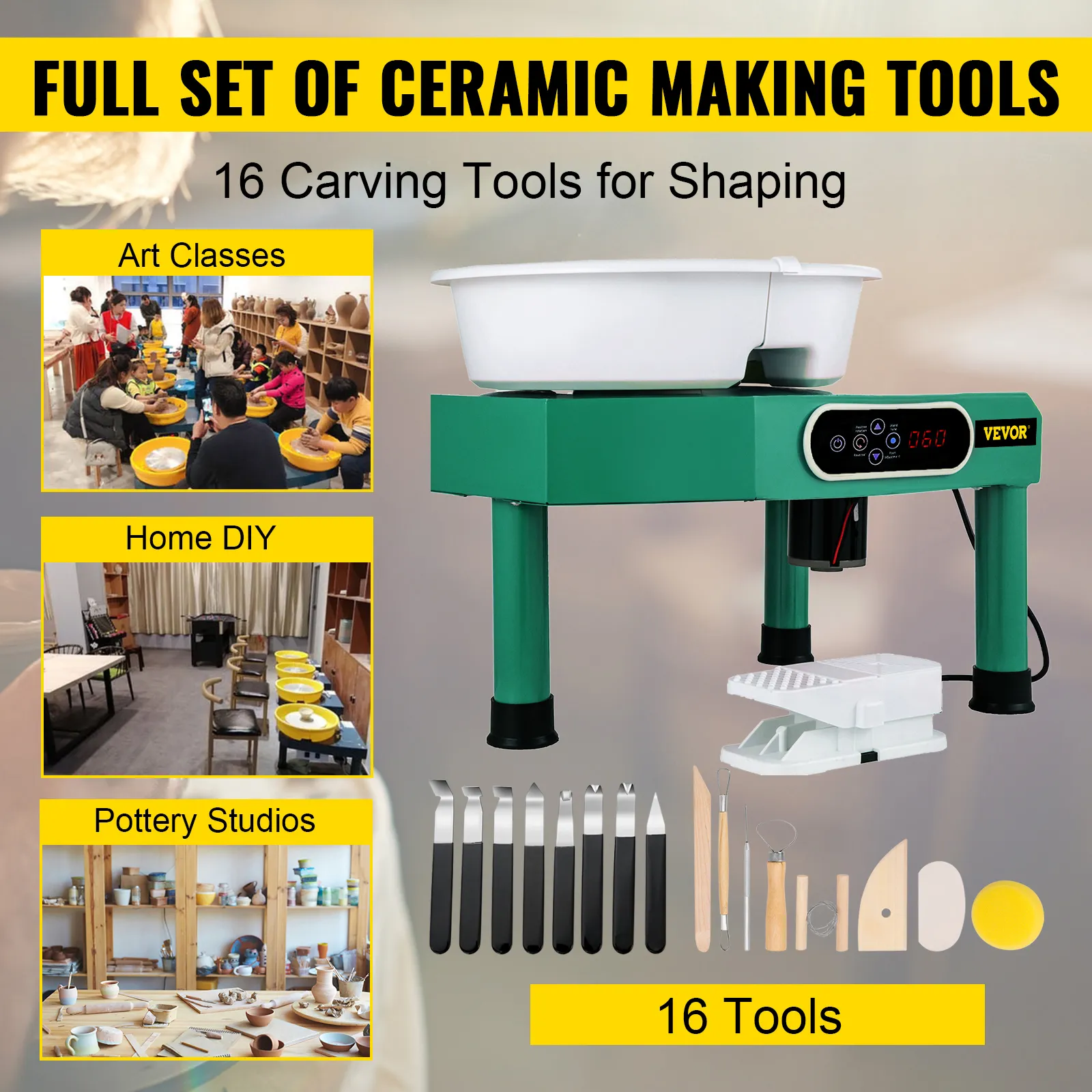 Torno de cerámica VEVOR con 16 herramientas de tallado para clases de arte, bricolaje en casa y estudios de cerámica.
