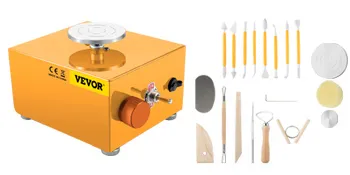 Mini torno de alfarero VEVOR naranja con juego de herramientas y accesorios.