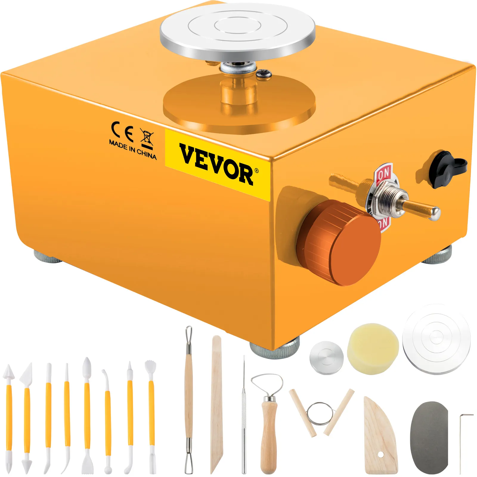 Mini torno de alfarero VEVOR en color naranja con juego de herramientas de cerámica.