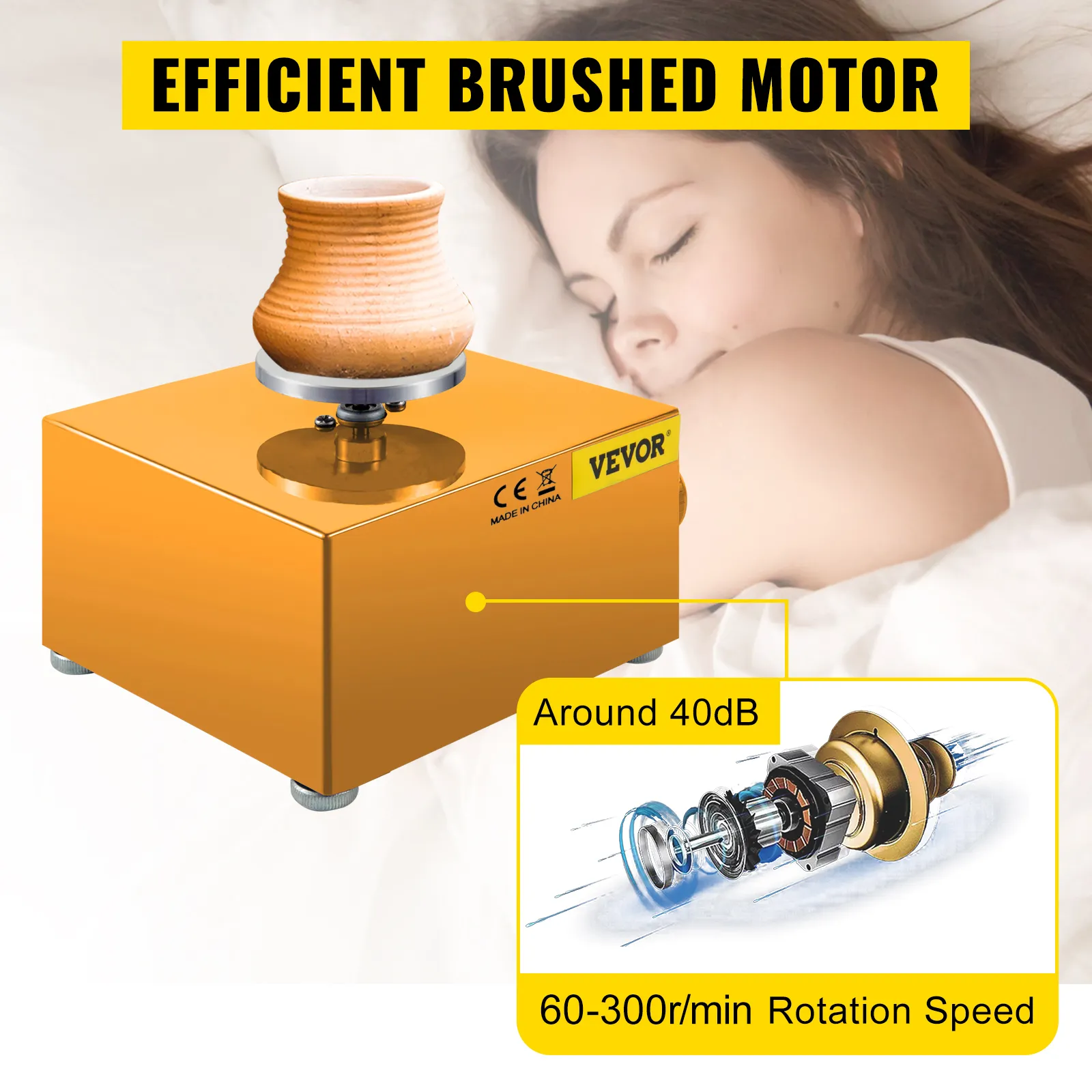 Mini rueda de cerámica VEVOR con motor cepillado eficiente y velocidad de rotación de 0 a 2000 r/min.