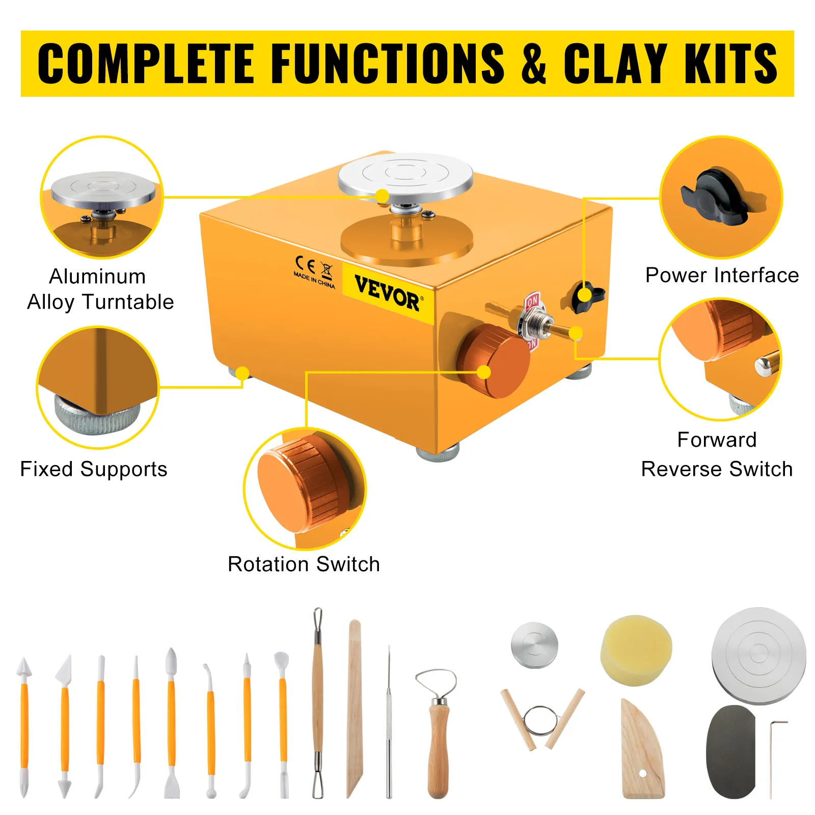 Mini torno de cerámica VEVOR con interruptor de rotación, plato giratorio de aleación de aluminio y herramientas de kit de arcilla.